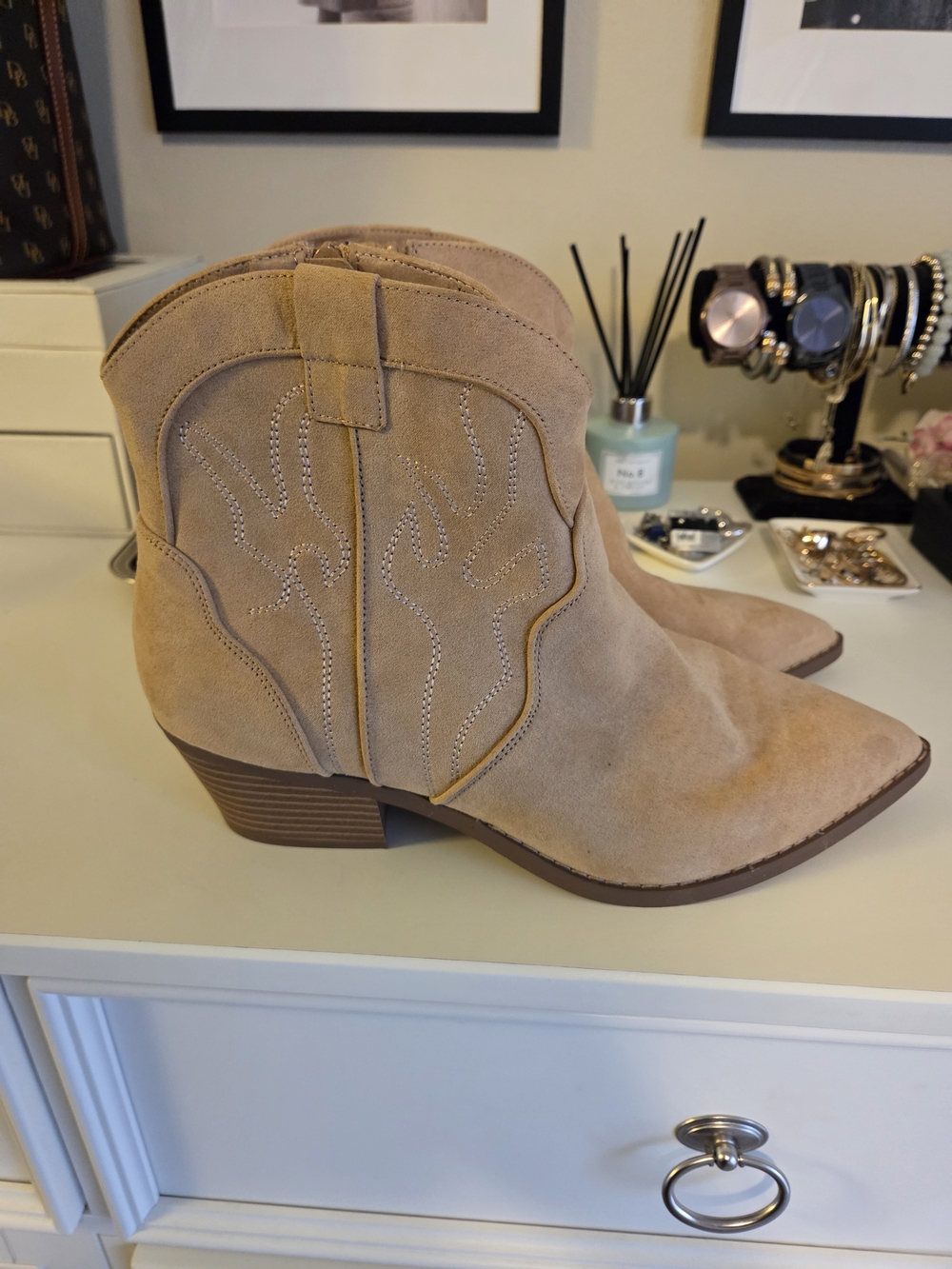 Suede Ankle Western Booties in Beige - Women